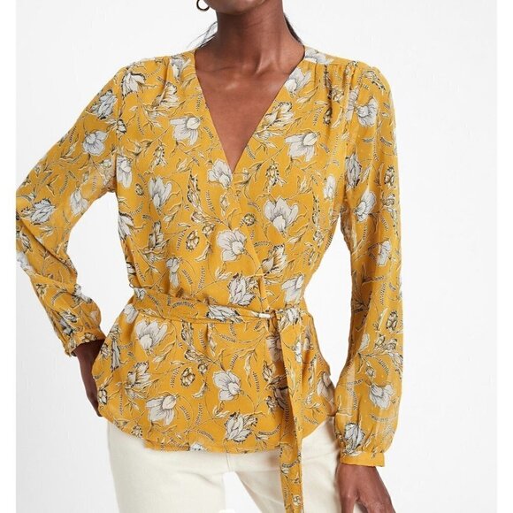 Banana Republic Sz PS SP Yellow Floral Print Chiffon Belted Wrap Top Blouse Dot - Picture 4 of 13